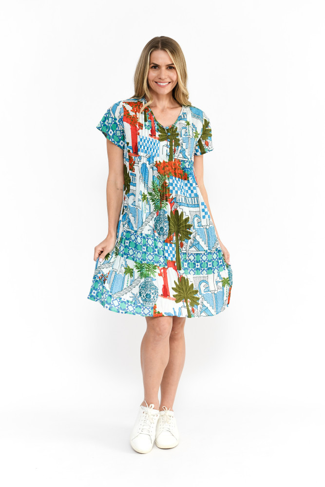 Nicola Dress Cap Sleeve Greek island Aqua