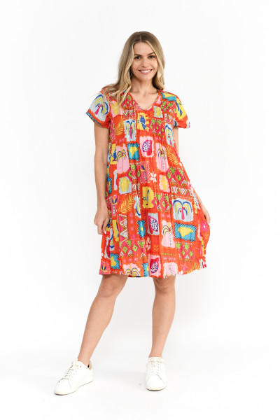 Nicola Dress Cap Sleeve Trop stories Orange