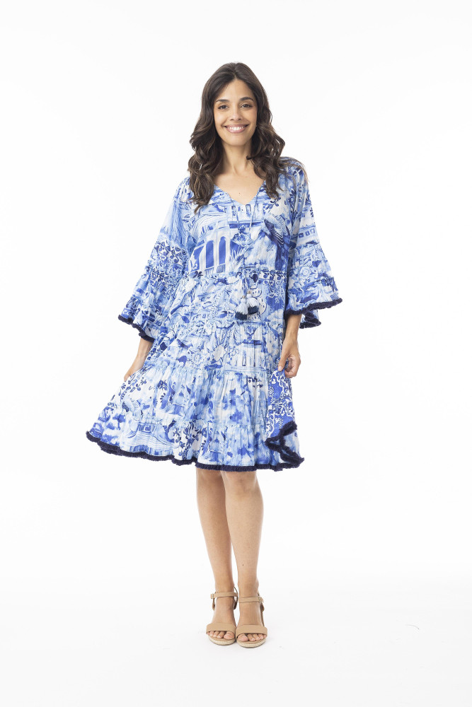 Okayama Dress Layers Frill Sleeve Print