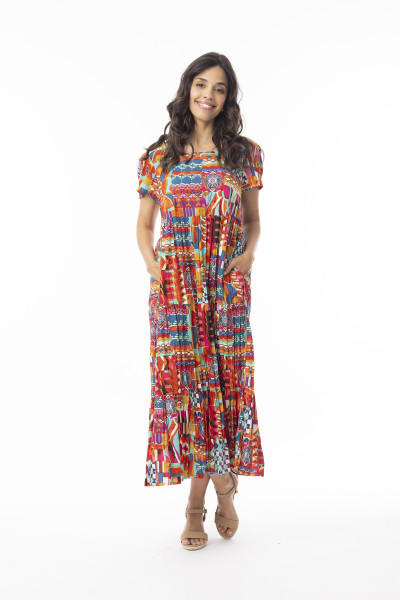 Peru Dress Midi Layers Square Neckline Print