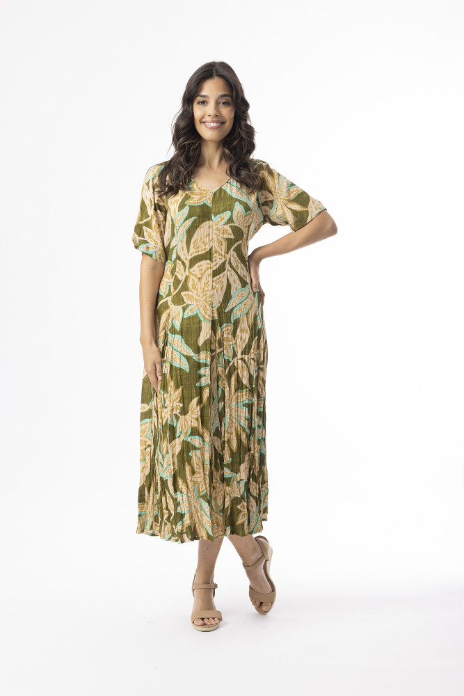 Playa Brava Dress Godet Short Sleeve Green AOP