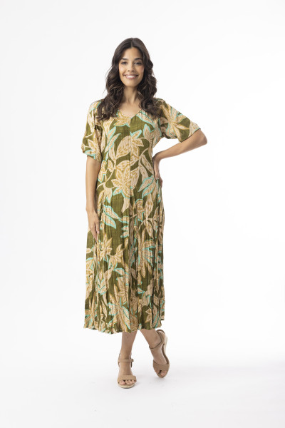 Playa Brava Dress Godet Short Sleeve Green AOP