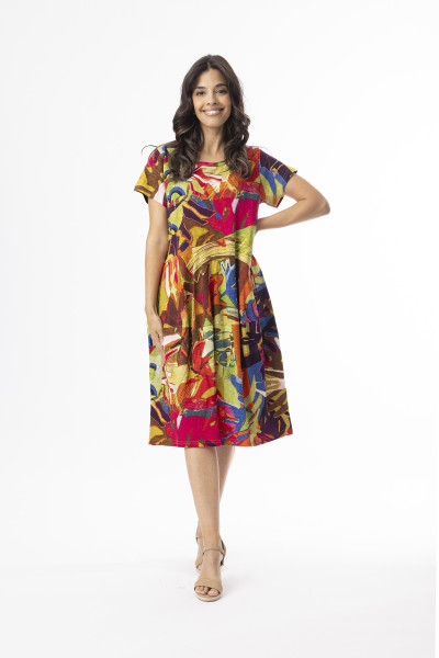 Printed Cotton Dress Bubble Short Sleeve Leaves Red