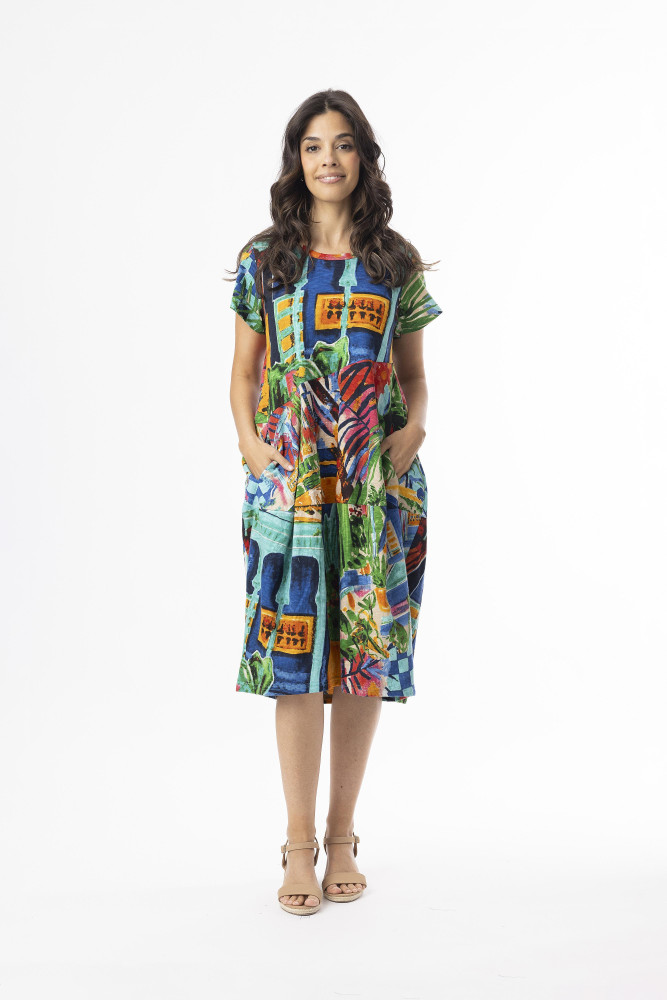 Printed Cotton Dress Bubble Short Sleeve Oasis