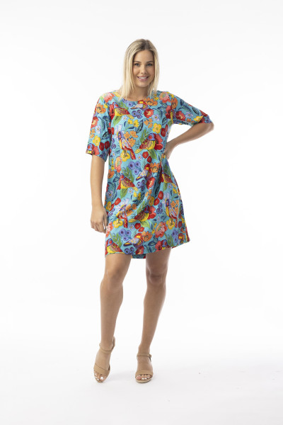 Printed Cotton Dress Contemporary Elbow Sleeve Birds