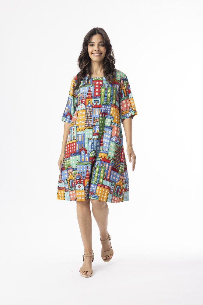 Printed Cotton Dress Contemporary Elbow Sleeve CITY