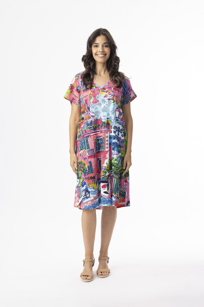 Printed Cotton Dress Contemporary Short Sleeve V Scooter