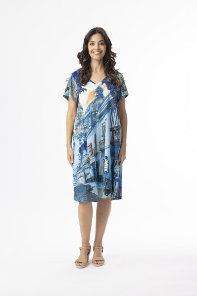 Printed Cotton Dress Contemporary Short Sleeve V Tower Blue