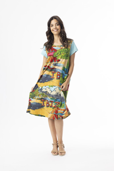 Printed Cotton Dress Shift Flair Crew Ibiza