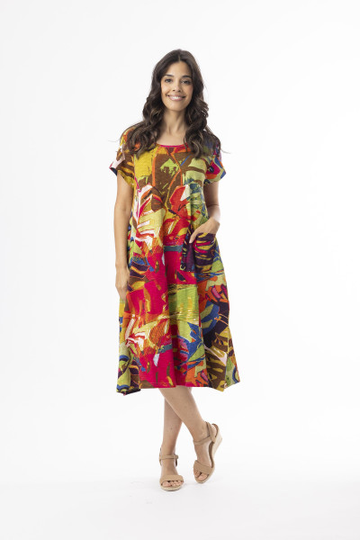 Printed Cotton Dress Shift Flair Crew Leaves Red