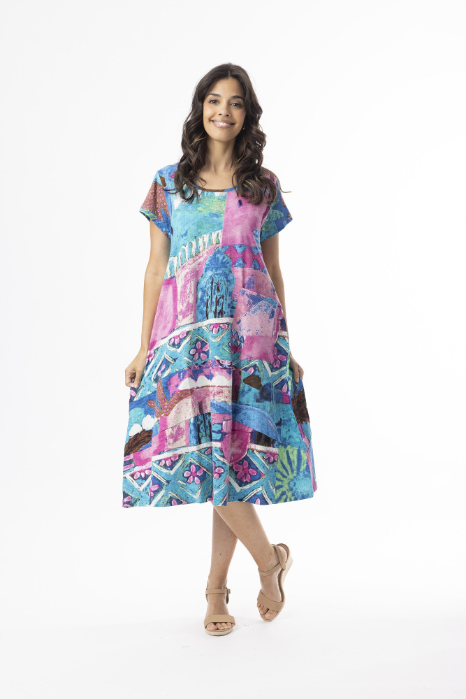 Printed Cotton Dress Shift Flair Crew Marakesh