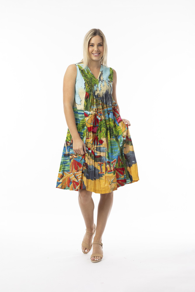 Printed Cotton Dress V Pleated Ibiza