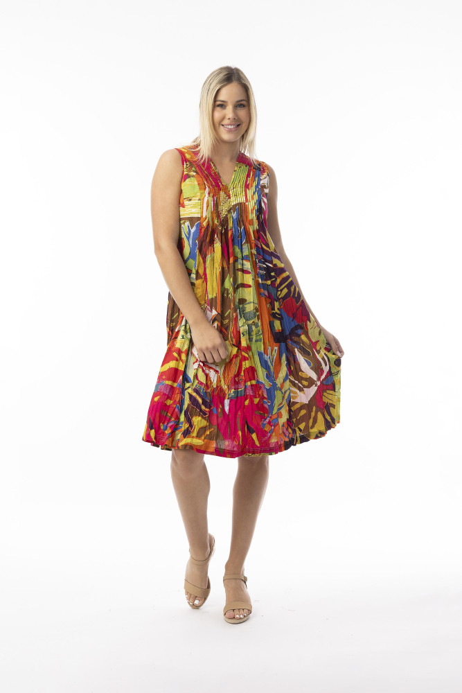 Printed Cotton Dress V Pleated Leaves Red