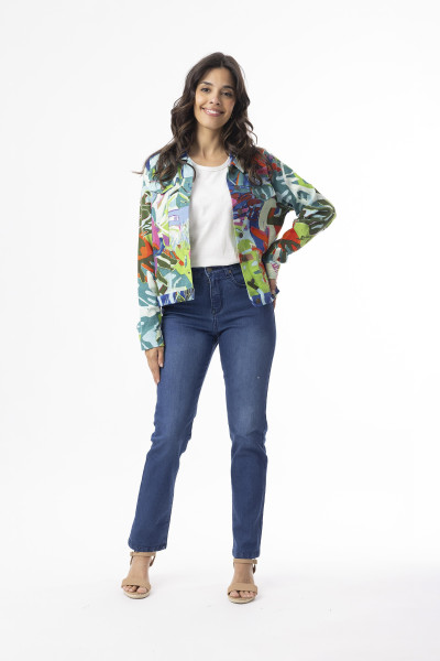 Printed Cotton Ponte Jacket Leaves Blue