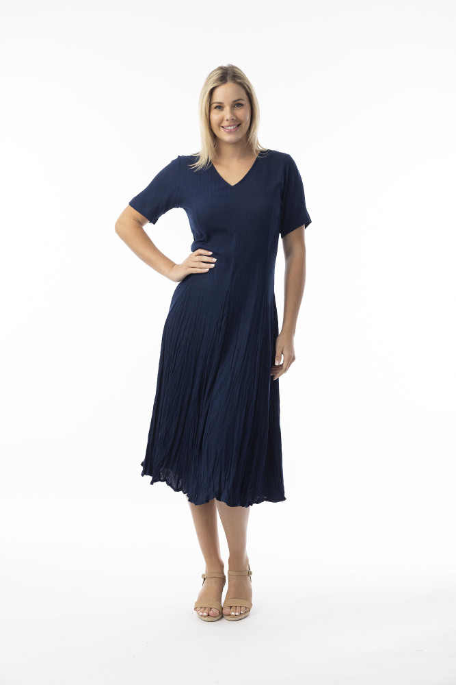 Rayon Essentials Dress Godet Short Sleeves Navy