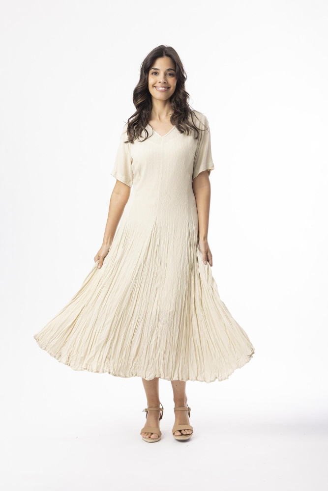 Rayon Essentials Dress Godet Short Sleeves Sand