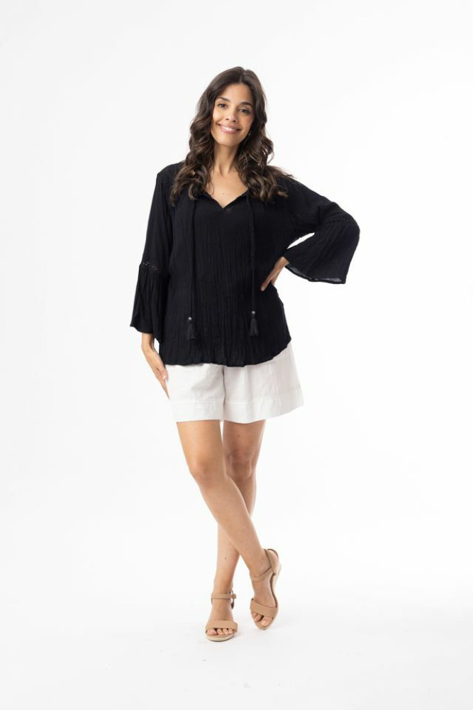 Rayon Essentials Top shirred Yoke Black