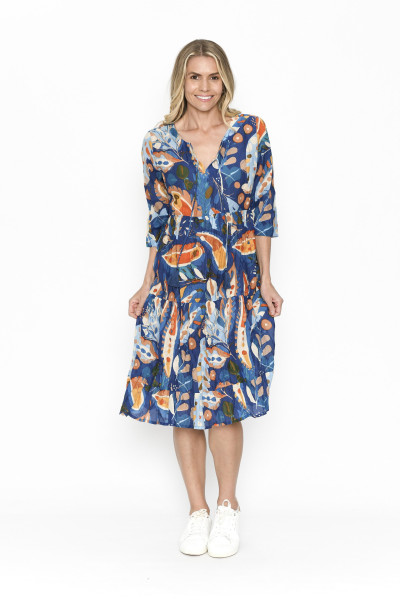 Rebecca Tie Nk Dress 3/4 Sleeve BrtLeaves Navy