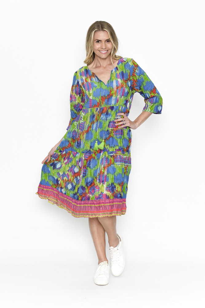 Rebecca Tie Nk Dress 3/4 Sleeve Ikat 2