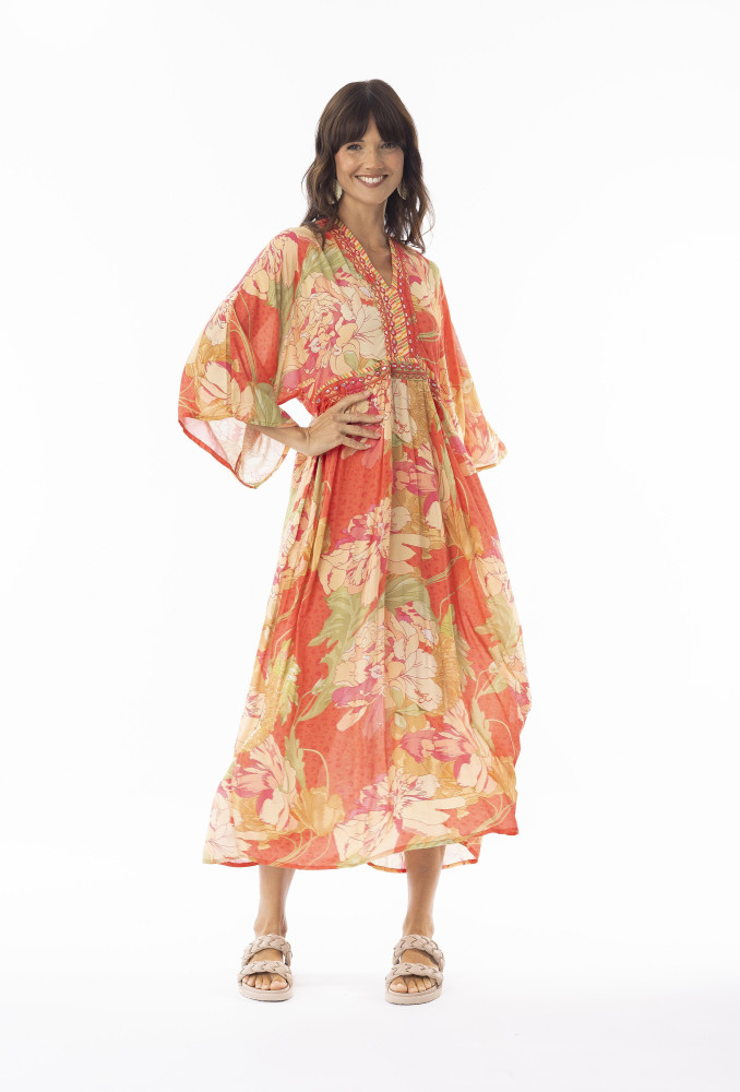 Rosa Dress Midi V Wide Sleeve Print