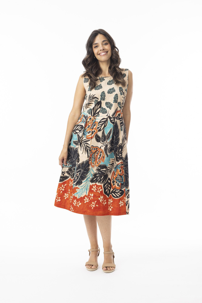 Saventa Dress Boxy Pleated Sleeveless Print