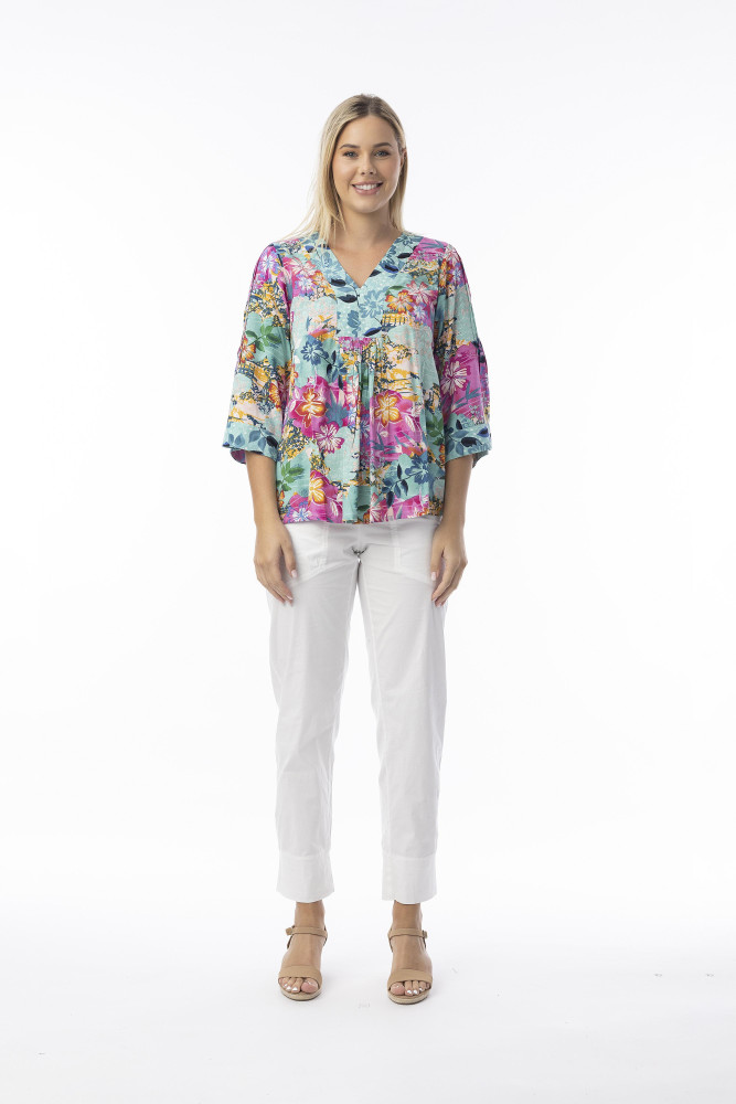 Selaron Top V Neckline Wide Sleeve Print