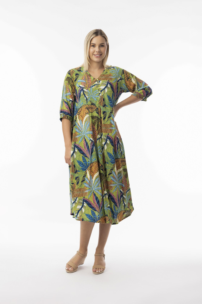 Tayrona Dress V Neckline Shirred Sleeve Print