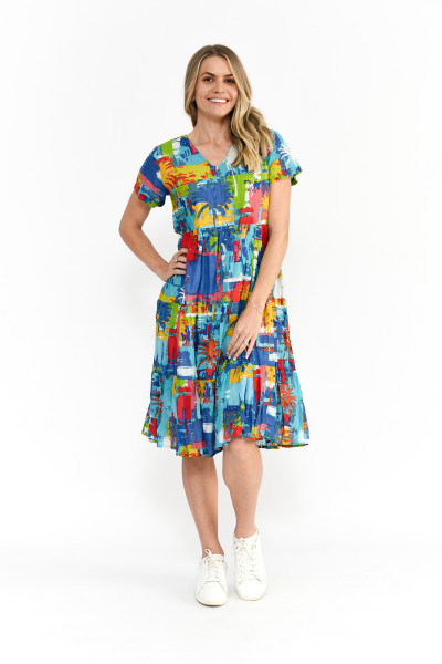 Thalia Tiered Dress painted Palms 3