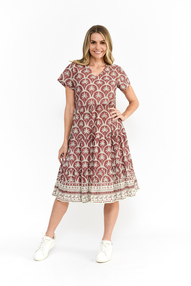 Thalia Tiered Dress Palm Border Natural