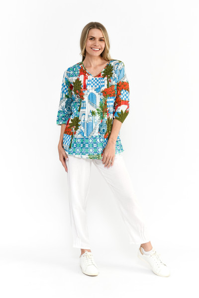 Tina V neck Pleated Top 3/4 Sleeve Greek island Aqua