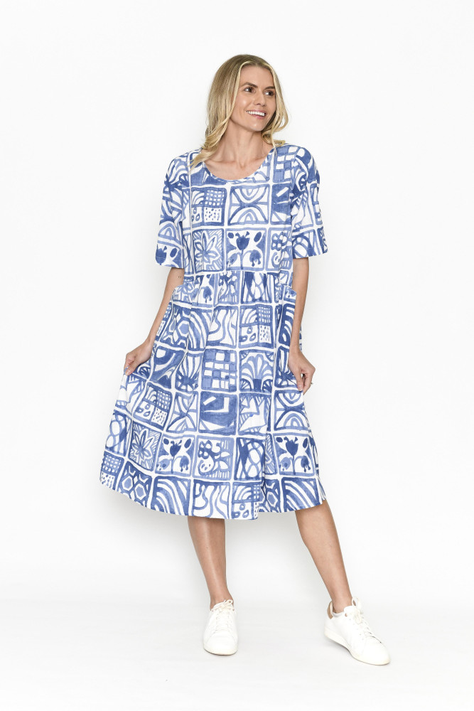 Yvonne Dress Round Neck Block Blue
