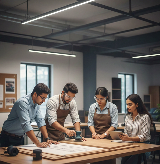 team planning woodworking office furniture