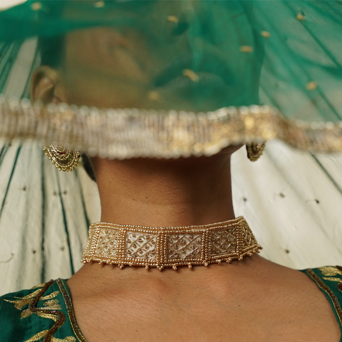 Handcrafted Sunheri Choker Necklace in Gold Zardozi with Veil | Moirra