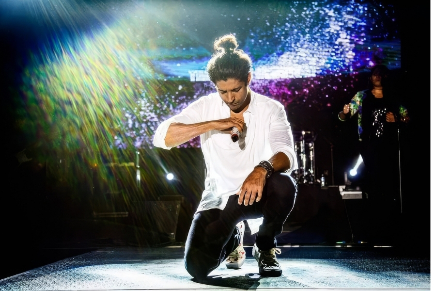 Farhan Akhtar styled in Mr. Ajay Kumar for the Zinda Tour 2016. Discover bold celebrity styling, statement menswear, and contemporary luxury fashion on the global stage.