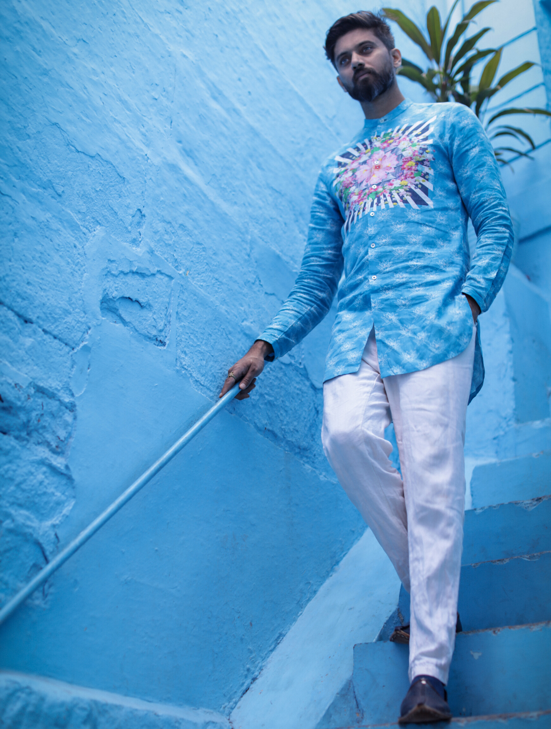 Anush Blue Linen Long Shirt Front