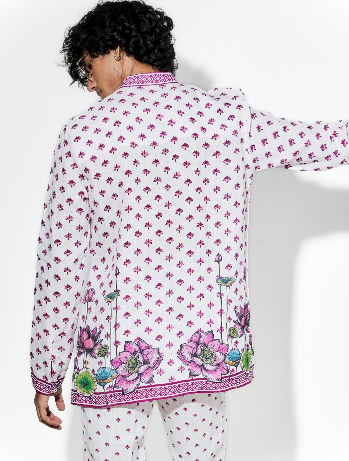Nelumbo Pink Linen Printed Shirt Pant Set by Mr Ajay Kumar