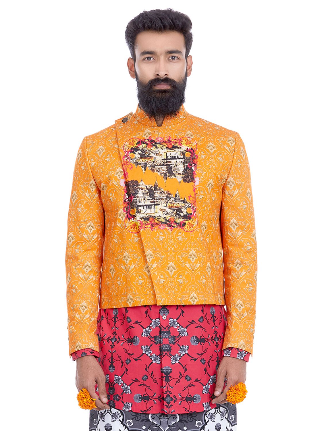 Orange Crop Blazer in Golden Dawn Print by Mr Ajay Kumar