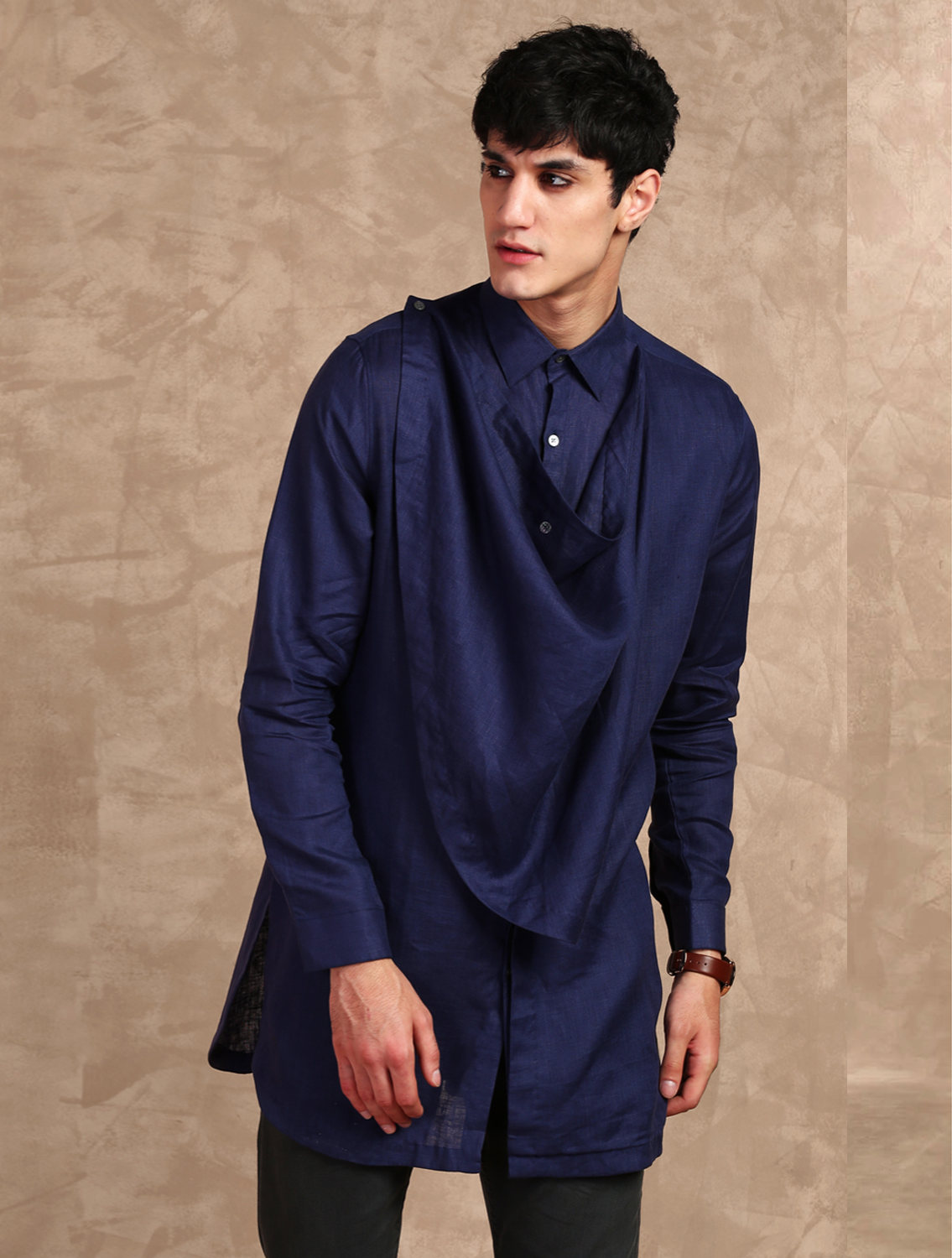 Navy Cowl Long Linen Shirt