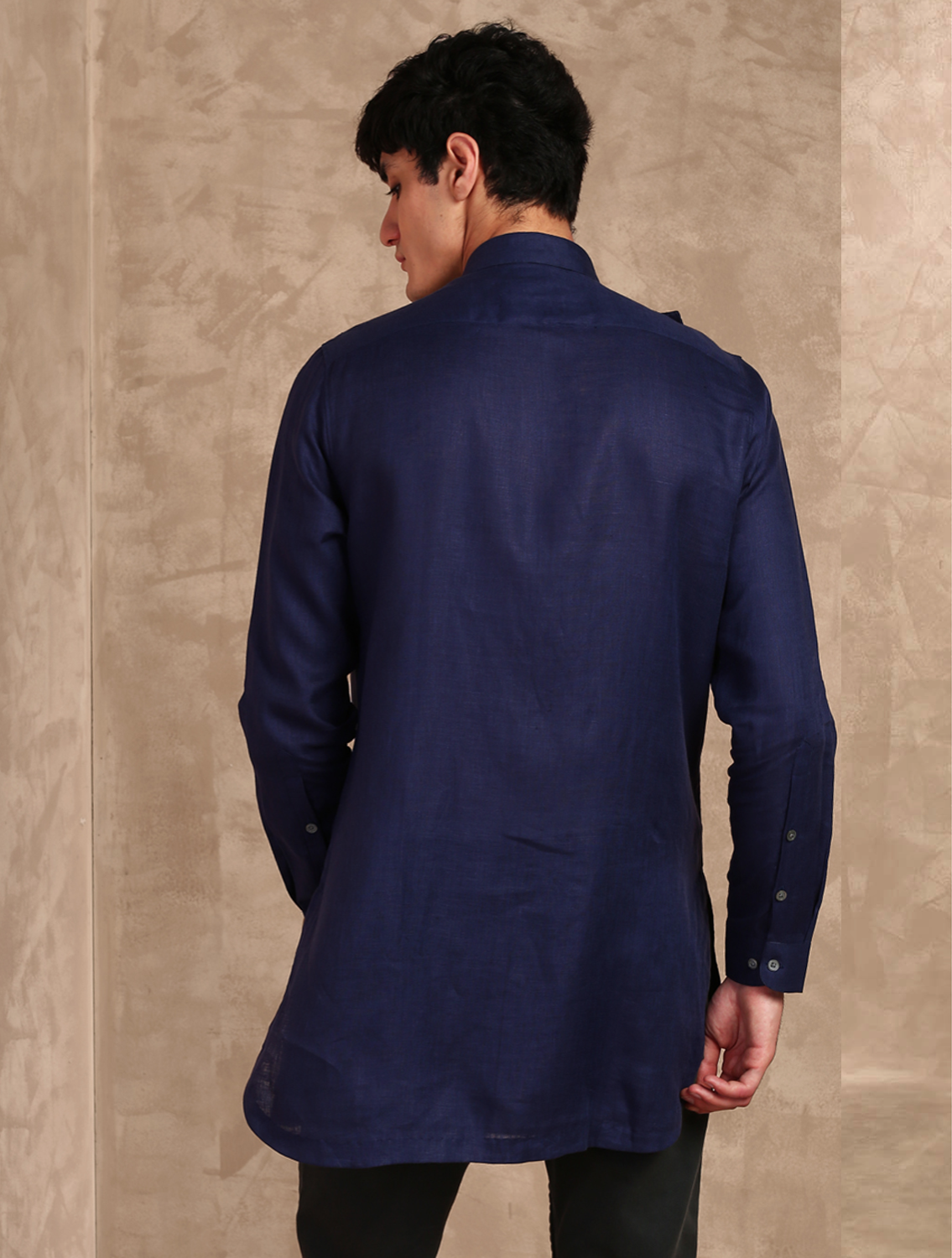 Navy Cowl Long Linen Shirt