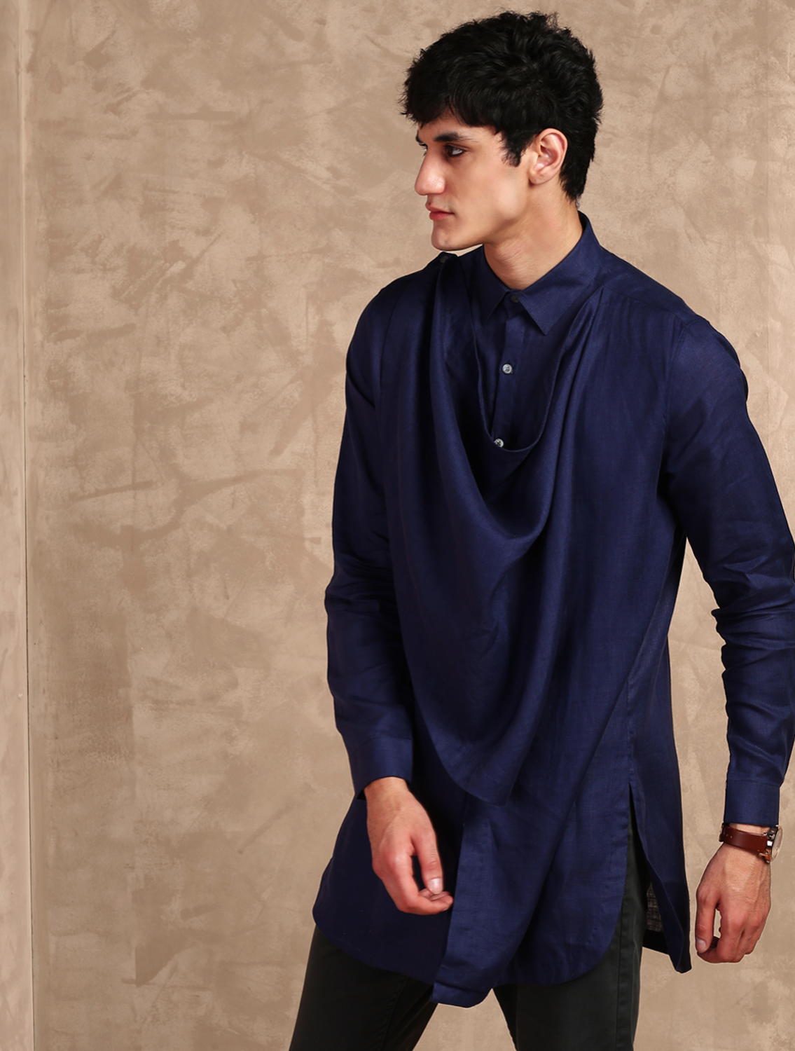 Navy Cowl Long Linen Shirt