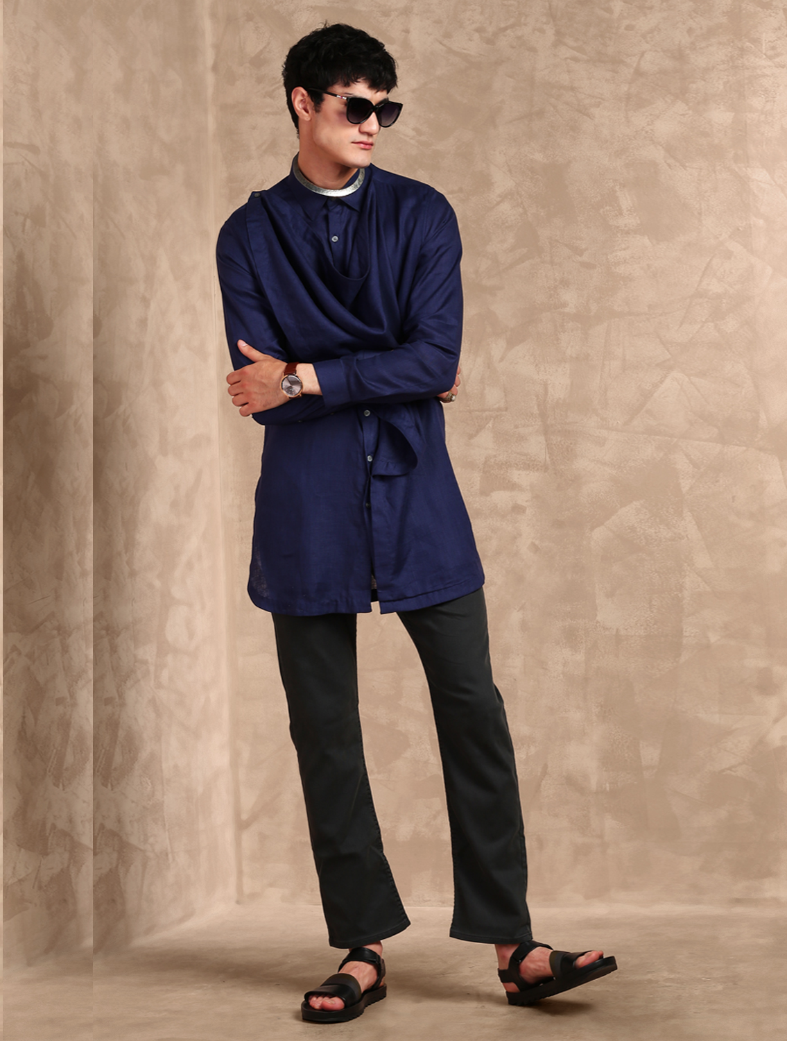 Navy Cowl Long Linen Shirt