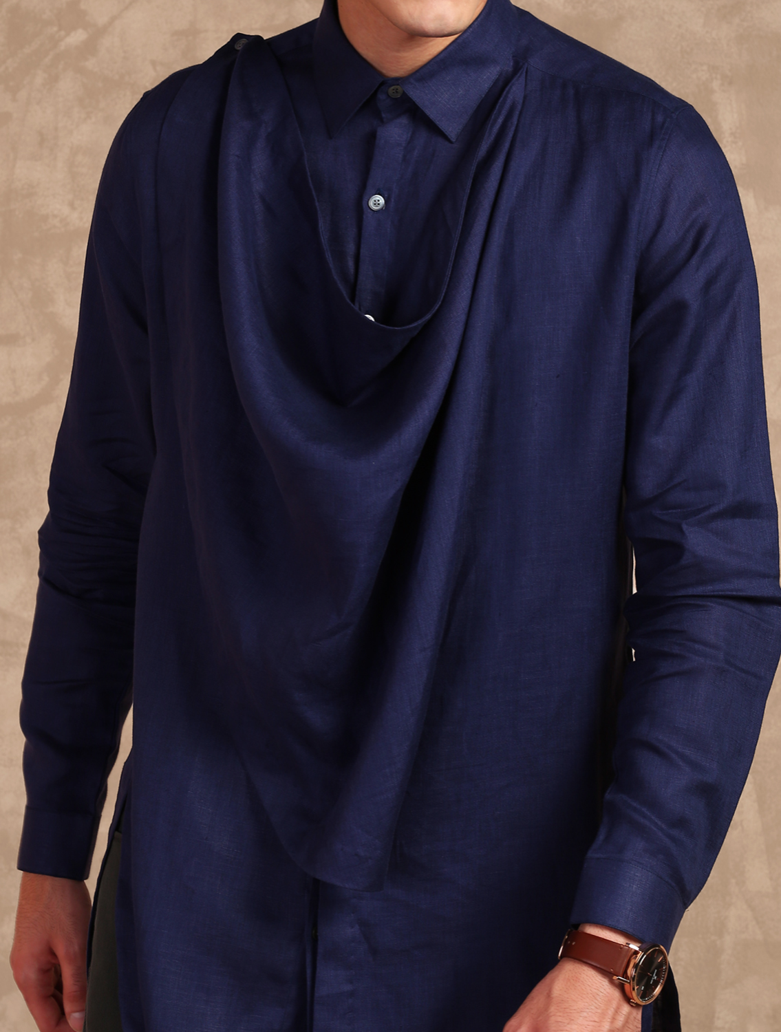 Navy Cowl Long Linen Shirt