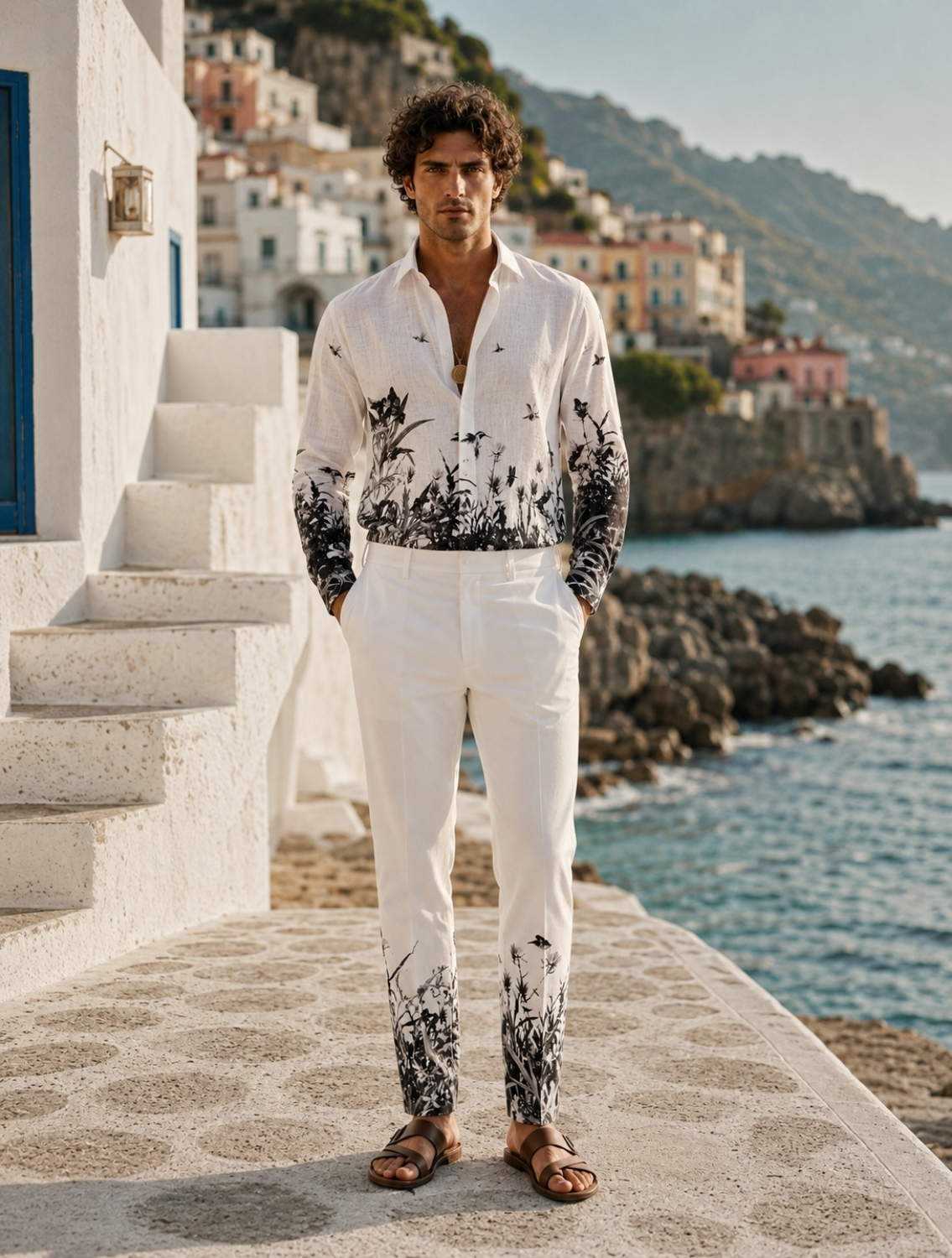 White Garden Printed Linen Pants