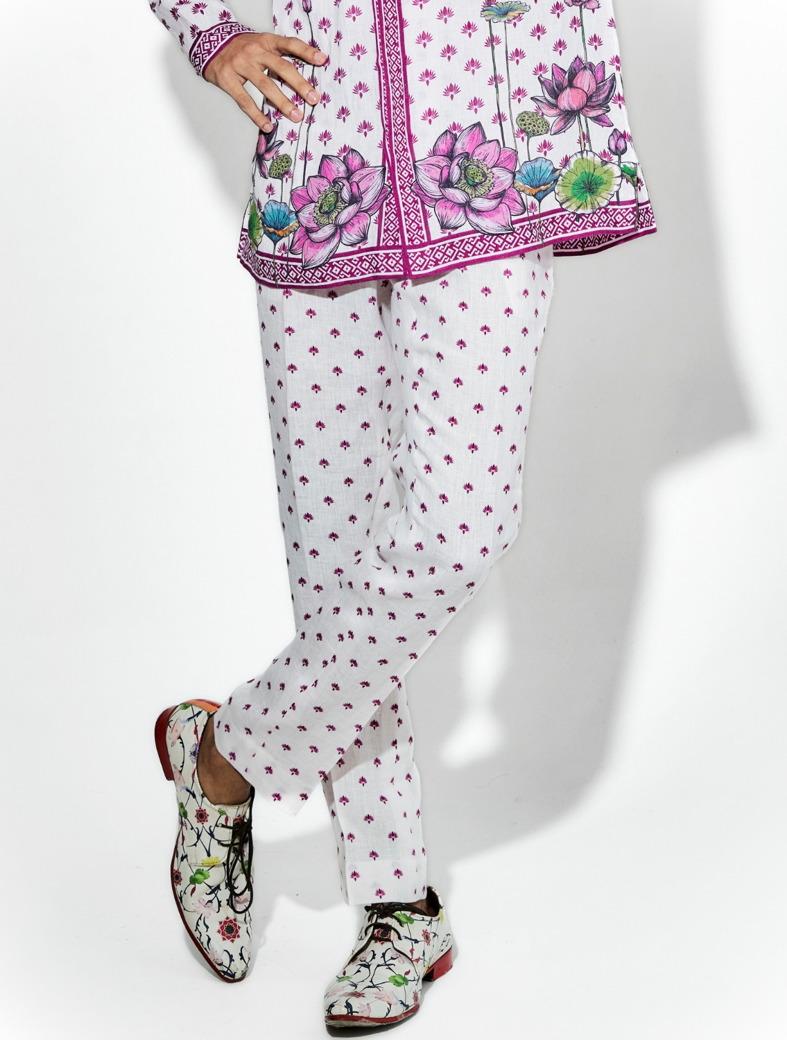 Nelumbo Pink Linen Printed Shirt Pant Set