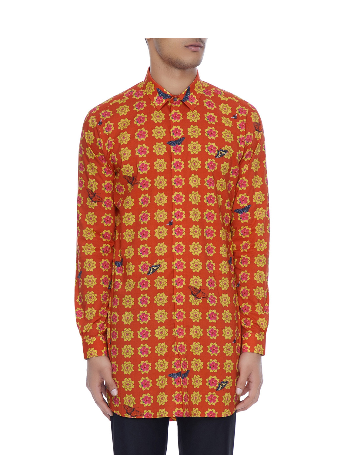 Red Yellow printed Long Kurta Style Shirt