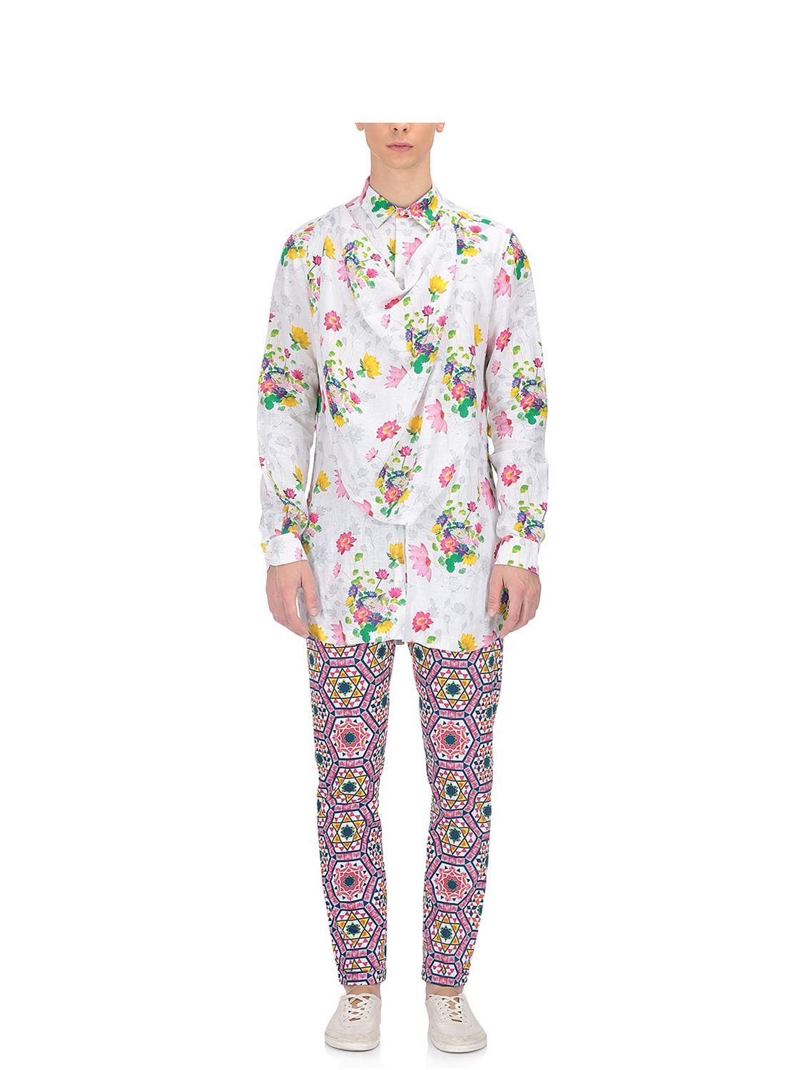 White cowl linen shirt with Utpala print