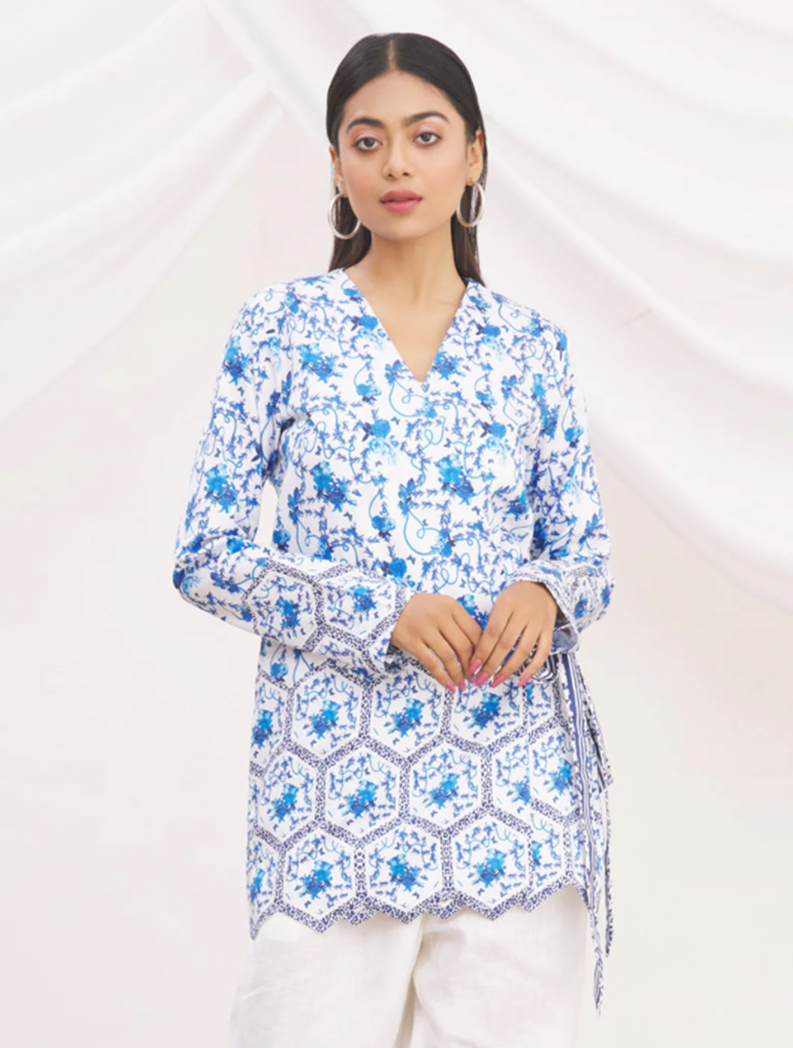 Evelyn Blue Printed Wrap Top