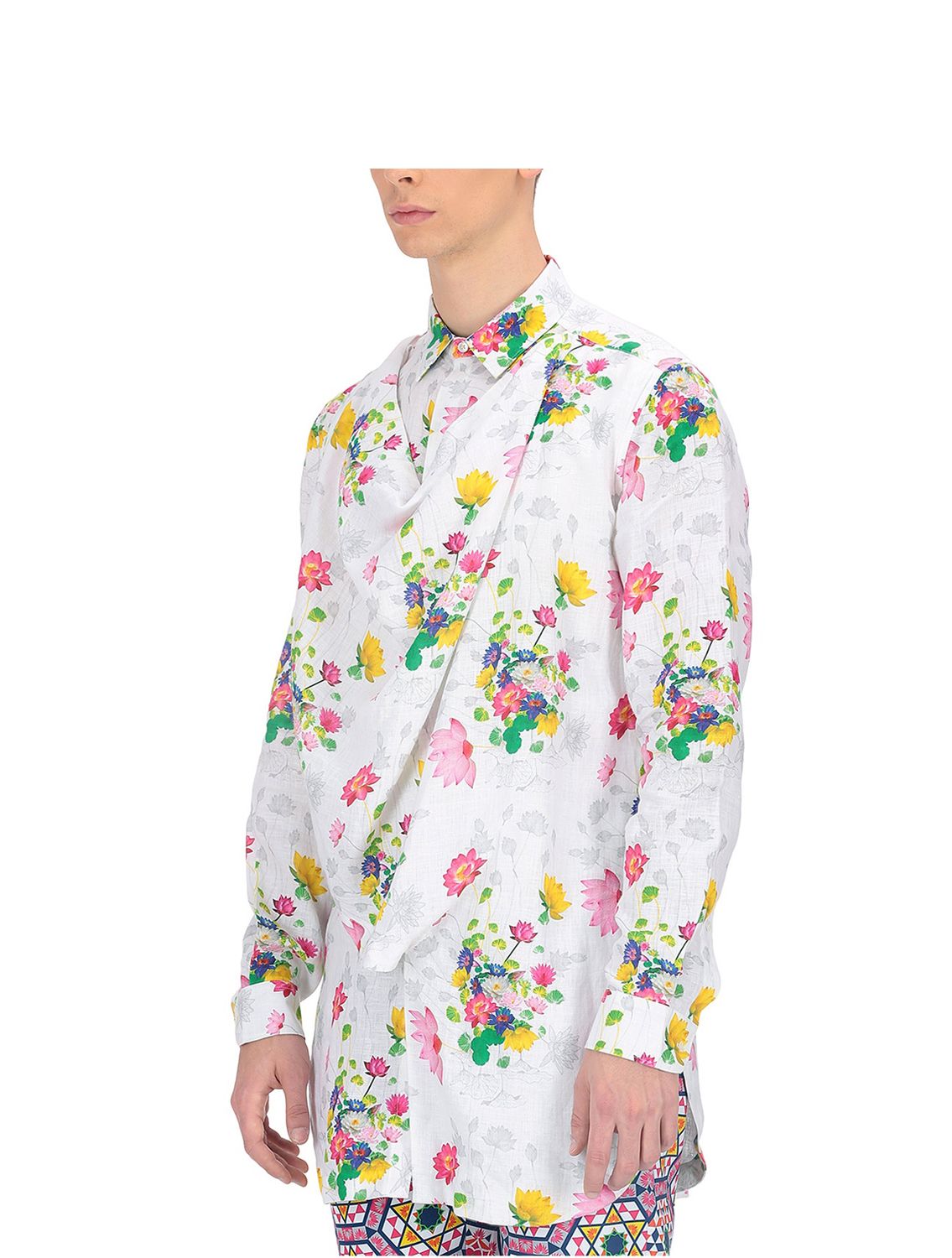 White cowl linen shirt with Utpala print