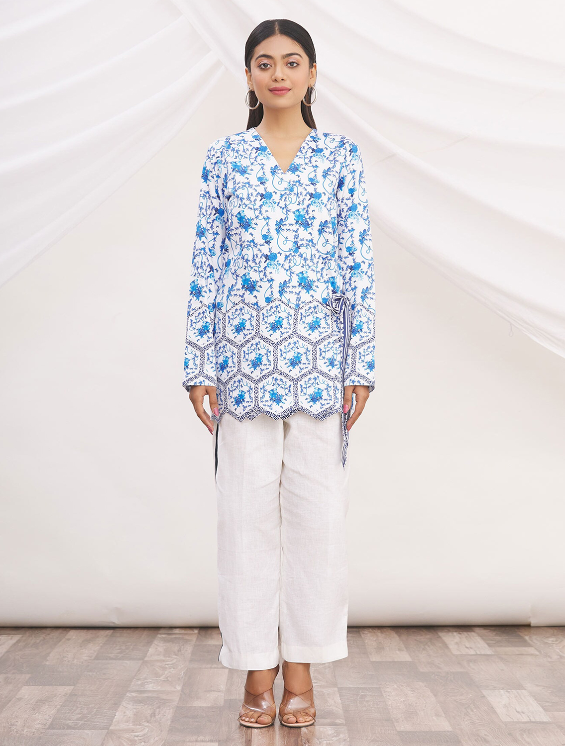 Evelyn Blue Printed Wrap Top