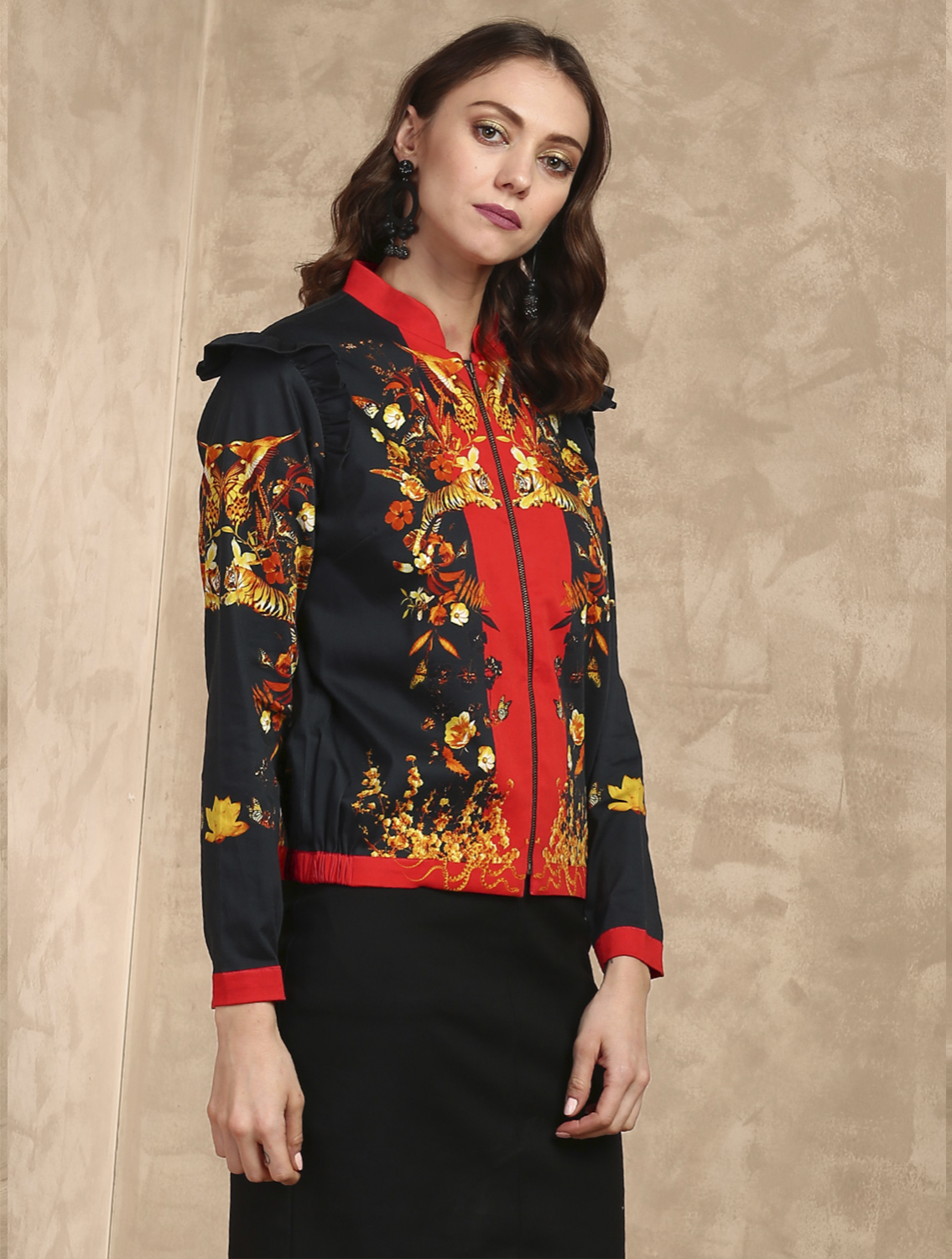 Gaia Bomber Jacket with Ruffled Shoulder